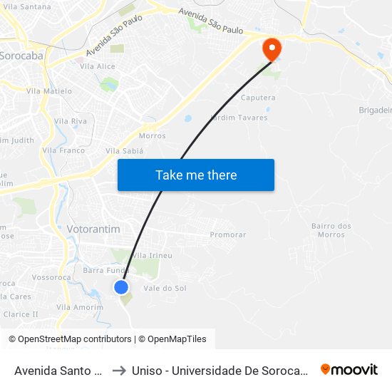 Avenida Santo Antônio, 892 to Uniso - Universidade De Sorocaba Cidade Universitária map