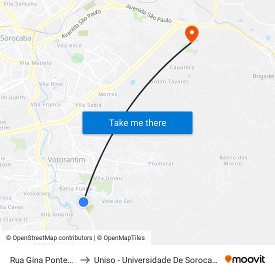 Rua Gina Pontes Romero, 78 to Uniso - Universidade De Sorocaba Cidade Universitária map