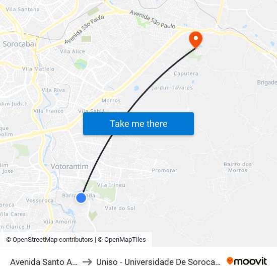 Avenida Santo Antônio, 53-79 to Uniso - Universidade De Sorocaba Cidade Universitária map