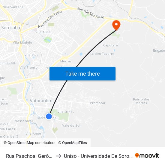 Rua Paschoal Gerônimo Fornazari, 55 to Uniso - Universidade De Sorocaba Cidade Universitária map