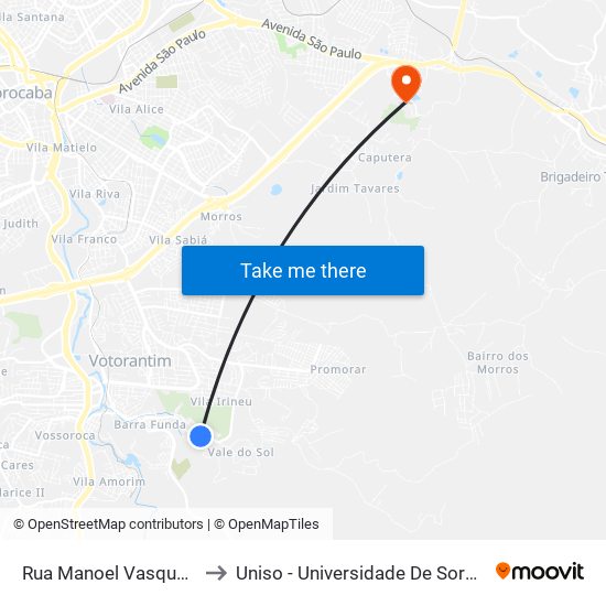 Rua Manoel Vasques Pineda, 280-382 to Uniso - Universidade De Sorocaba Cidade Universitária map