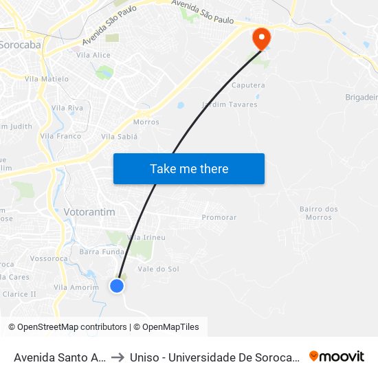 Avenida Santo Antônio, 1070 to Uniso - Universidade De Sorocaba Cidade Universitária map