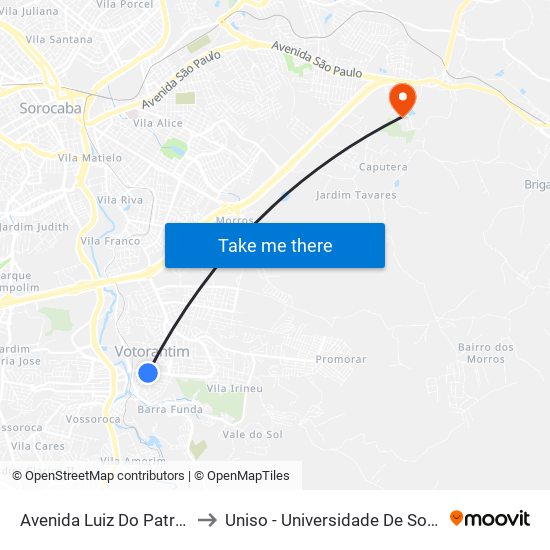 Avenida Luiz Do Patrocínio Fernandes, 250 to Uniso - Universidade De Sorocaba Cidade Universitária map