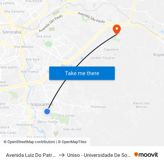 Avenida Luiz Do Patrocínio Fernandes, 690 to Uniso - Universidade De Sorocaba Cidade Universitária map