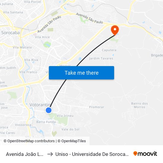 Avenida João Laureano, 713 to Uniso - Universidade De Sorocaba Cidade Universitária map