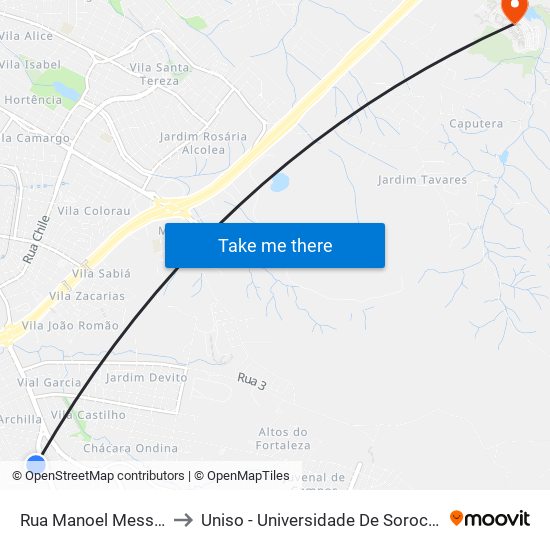 Rua Manoel Messías Furquim, 45 to Uniso - Universidade De Sorocaba Cidade Universitária map