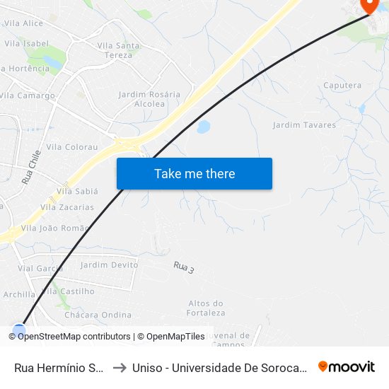 Rua Hermínio Salvestro, 493 to Uniso - Universidade De Sorocaba Cidade Universitária map