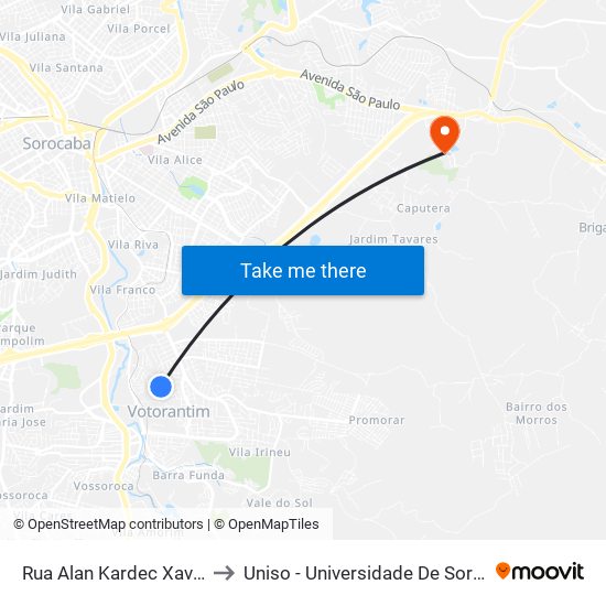 Rua Alan Kardec Xavier De Pontes, 2-272 to Uniso - Universidade De Sorocaba Cidade Universitária map