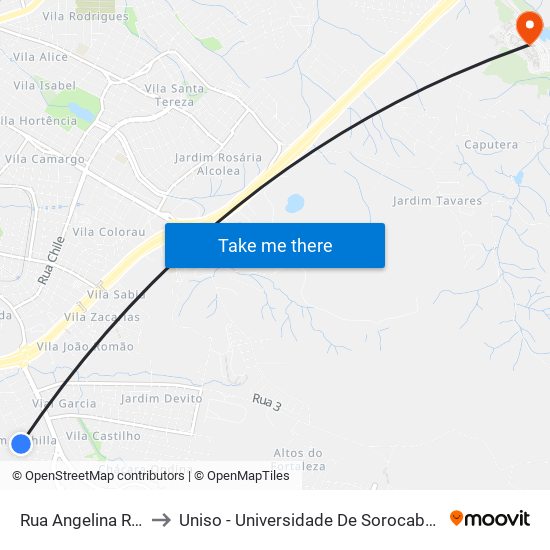 Rua Angelina Rinaldi, 2-72 to Uniso - Universidade De Sorocaba Cidade Universitária map