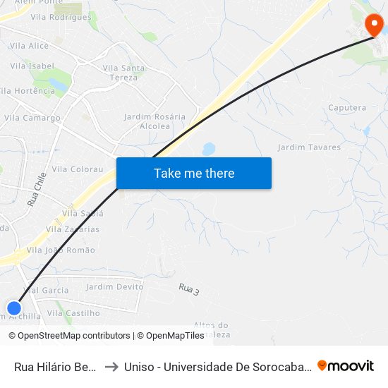Rua Hilário Bernardi, 263 to Uniso - Universidade De Sorocaba Cidade Universitária map