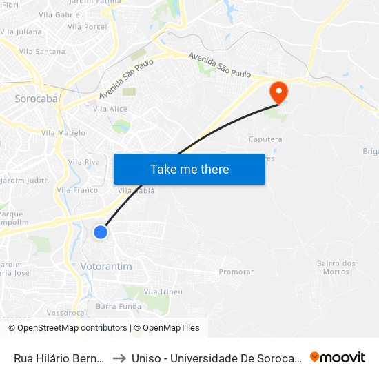 Rua Hilário Bernardi, 113-197 to Uniso - Universidade De Sorocaba Cidade Universitária map