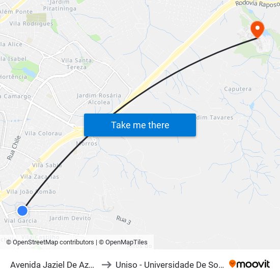 Avenida Jaziel De Azeredo Ribeiro, 216-334 to Uniso - Universidade De Sorocaba Cidade Universitária map