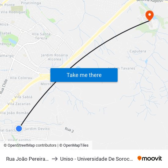 Rua João Pereira De Góes, 1-59 to Uniso - Universidade De Sorocaba Cidade Universitária map