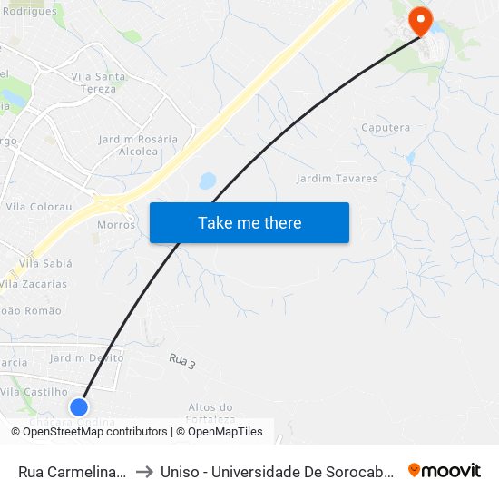 Rua Carmelina García, 32 to Uniso - Universidade De Sorocaba Cidade Universitária map