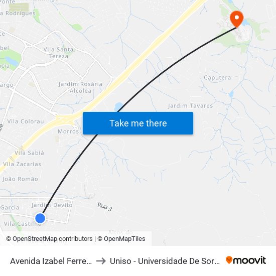 Avenida Izabel Ferreira Coelho, 783-831 to Uniso - Universidade De Sorocaba Cidade Universitária map