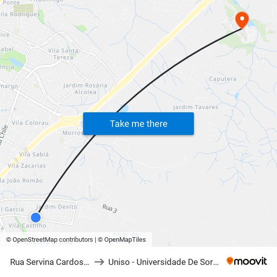 Rua Servina Cardoso Luvison, 109-149 to Uniso - Universidade De Sorocaba Cidade Universitária map