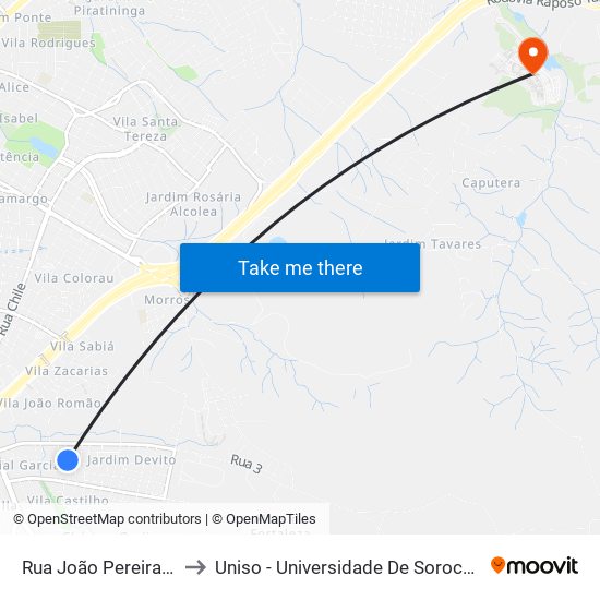 Rua João Pereira De Góes, 2-60 to Uniso - Universidade De Sorocaba Cidade Universitária map