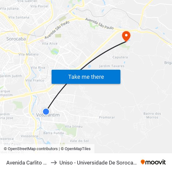 Avenida Carlito De Góes, 225 to Uniso - Universidade De Sorocaba Cidade Universitária map