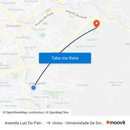 Avenida Luiz Do Patrocínio Fernandes, 61 to Uniso - Universidade De Sorocaba Cidade Universitária map