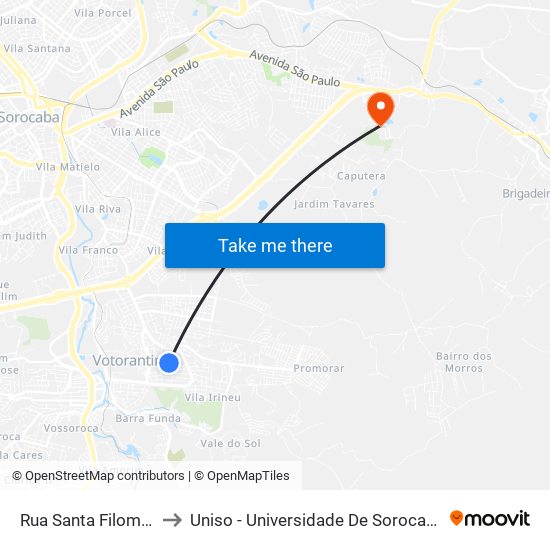 Rua Santa Filomena, 343-383 to Uniso - Universidade De Sorocaba Cidade Universitária map