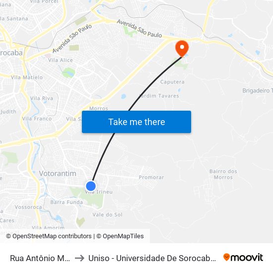 Rua Antônio Munhoz, 135 to Uniso - Universidade De Sorocaba Cidade Universitária map