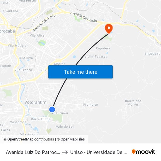 Avenida Luiz Do Patrocínio Fernandes, 1325-1369 to Uniso - Universidade De Sorocaba Cidade Universitária map