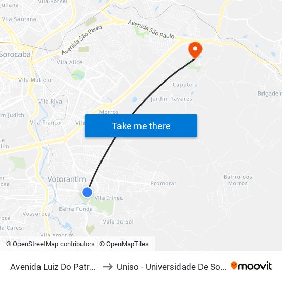 Avenida Luiz Do Patrocínio Fernandes, 1036 to Uniso - Universidade De Sorocaba Cidade Universitária map