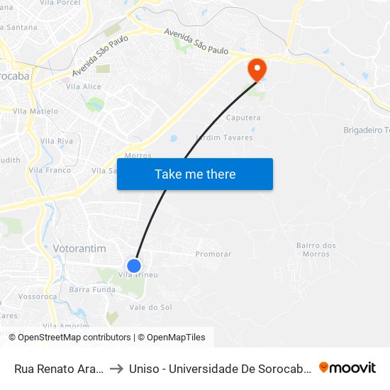 Rua Renato Araújo, 70-116 to Uniso - Universidade De Sorocaba Cidade Universitária map