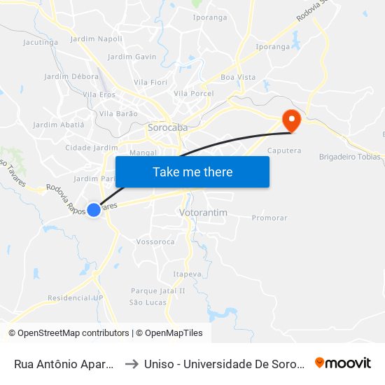Rua Antônio Aparecido Ferraz, 747 to Uniso - Universidade De Sorocaba Cidade Universitária map