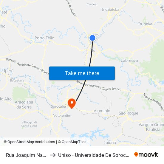 Rua Joaquim Nabuco, 601-645 to Uniso - Universidade De Sorocaba Cidade Universitária map