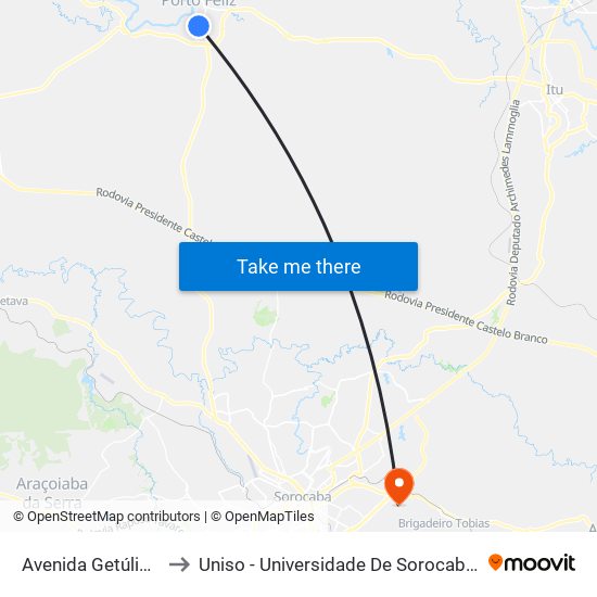 Avenida Getúlio Vargas, 27 to Uniso - Universidade De Sorocaba Cidade Universitária map