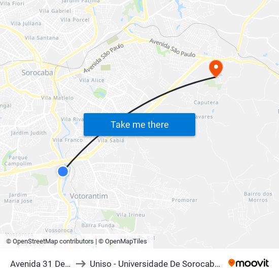 Avenida 31 De Março, 11 to Uniso - Universidade De Sorocaba Cidade Universitária map