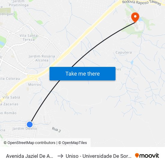 Avenida Jaziel De Azeredo Ribeiro, 1201 to Uniso - Universidade De Sorocaba Cidade Universitária map