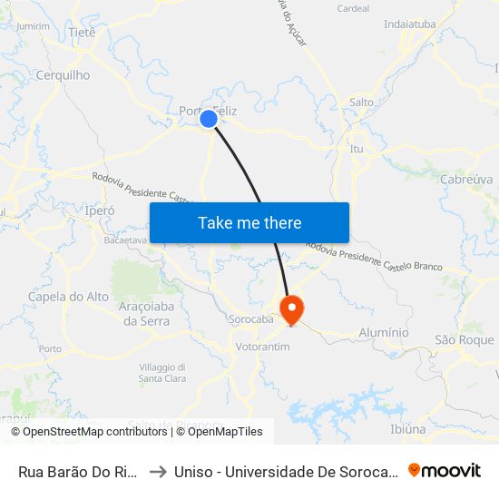 Rua Barão Do Rio Branco, 252 to Uniso - Universidade De Sorocaba Cidade Universitária map