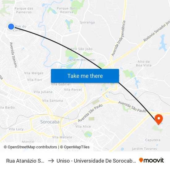 Rua Atanázio Soares, 4086 to Uniso - Universidade De Sorocaba Cidade Universitária map