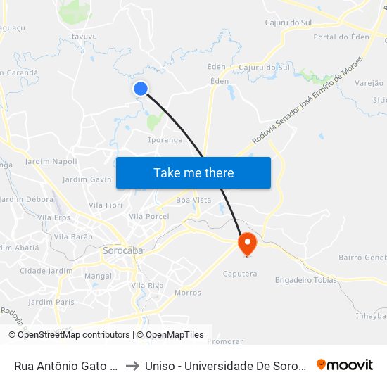 Rua Antônio Gato Da Fonseca, 200 to Uniso - Universidade De Sorocaba Cidade Universitária map
