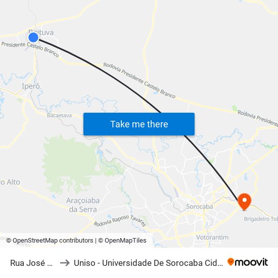 Rua José Thomé to Uniso - Universidade De Sorocaba Cidade Universitária map