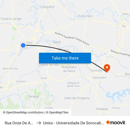 Rua Onze De Agosto, 4040 to Uniso - Universidade De Sorocaba Cidade Universitária map