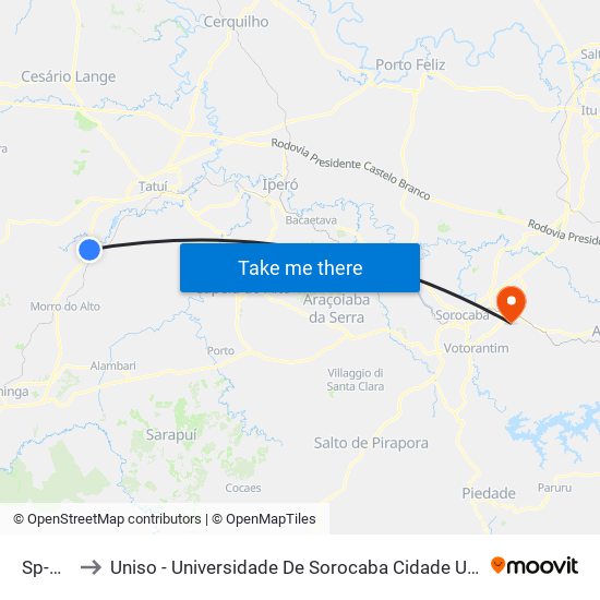 Sp-127 to Uniso - Universidade De Sorocaba Cidade Universitária map