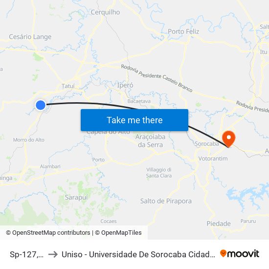 Sp-127, 124 to Uniso - Universidade De Sorocaba Cidade Universitária map