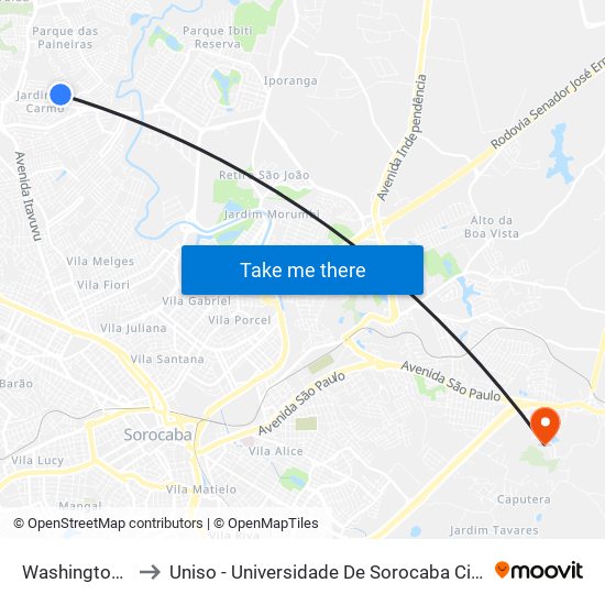 Washington Pensa to Uniso - Universidade De Sorocaba Cidade Universitária map