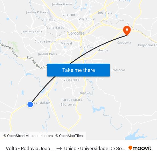 Volta - Rodovia João Leme Dos Santos, 31 to Uniso - Universidade De Sorocaba Cidade Universitária map