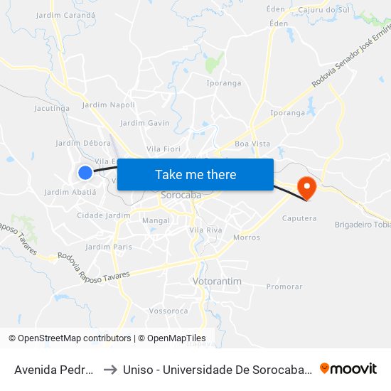 Avenida Pedro Bifano, 2 to Uniso - Universidade De Sorocaba Cidade Universitária map