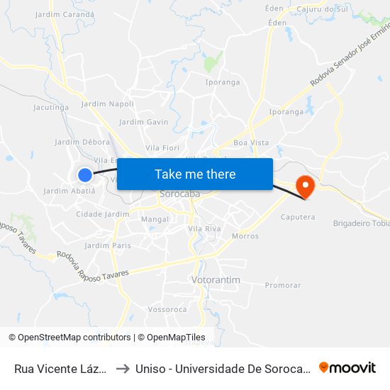 Rua Vicente Lázaro Filho, 150 to Uniso - Universidade De Sorocaba Cidade Universitária map