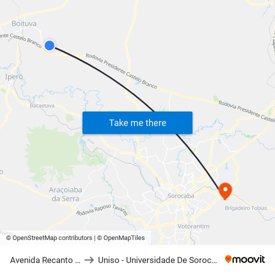 Avenida Recanto Dos Pássaros to Uniso - Universidade De Sorocaba Cidade Universitária map