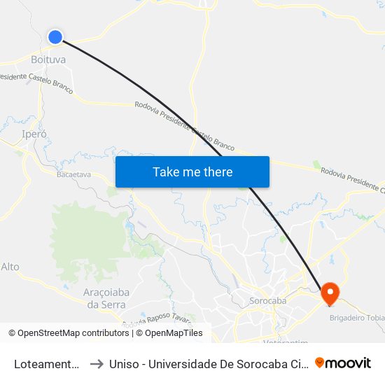 Loteamento Bettini to Uniso - Universidade De Sorocaba Cidade Universitária map