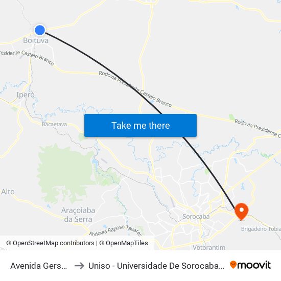 Avenida Gerson Ferrielo to Uniso - Universidade De Sorocaba Cidade Universitária map