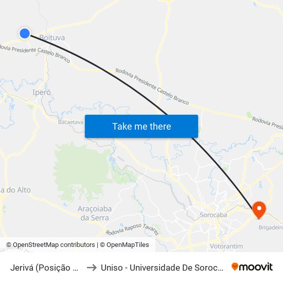 Jerivá (Posição Desconhecida) to Uniso - Universidade De Sorocaba Cidade Universitária map