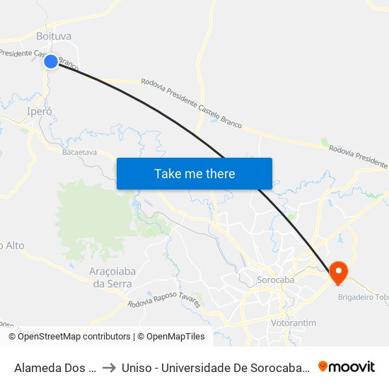 Alameda Dos Ciprestes to Uniso - Universidade De Sorocaba Cidade Universitária map