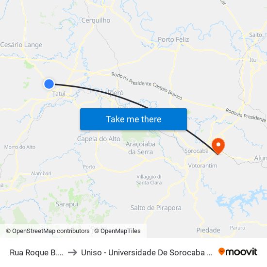 Rua Roque B. Campos to Uniso - Universidade De Sorocaba Cidade Universitária map
